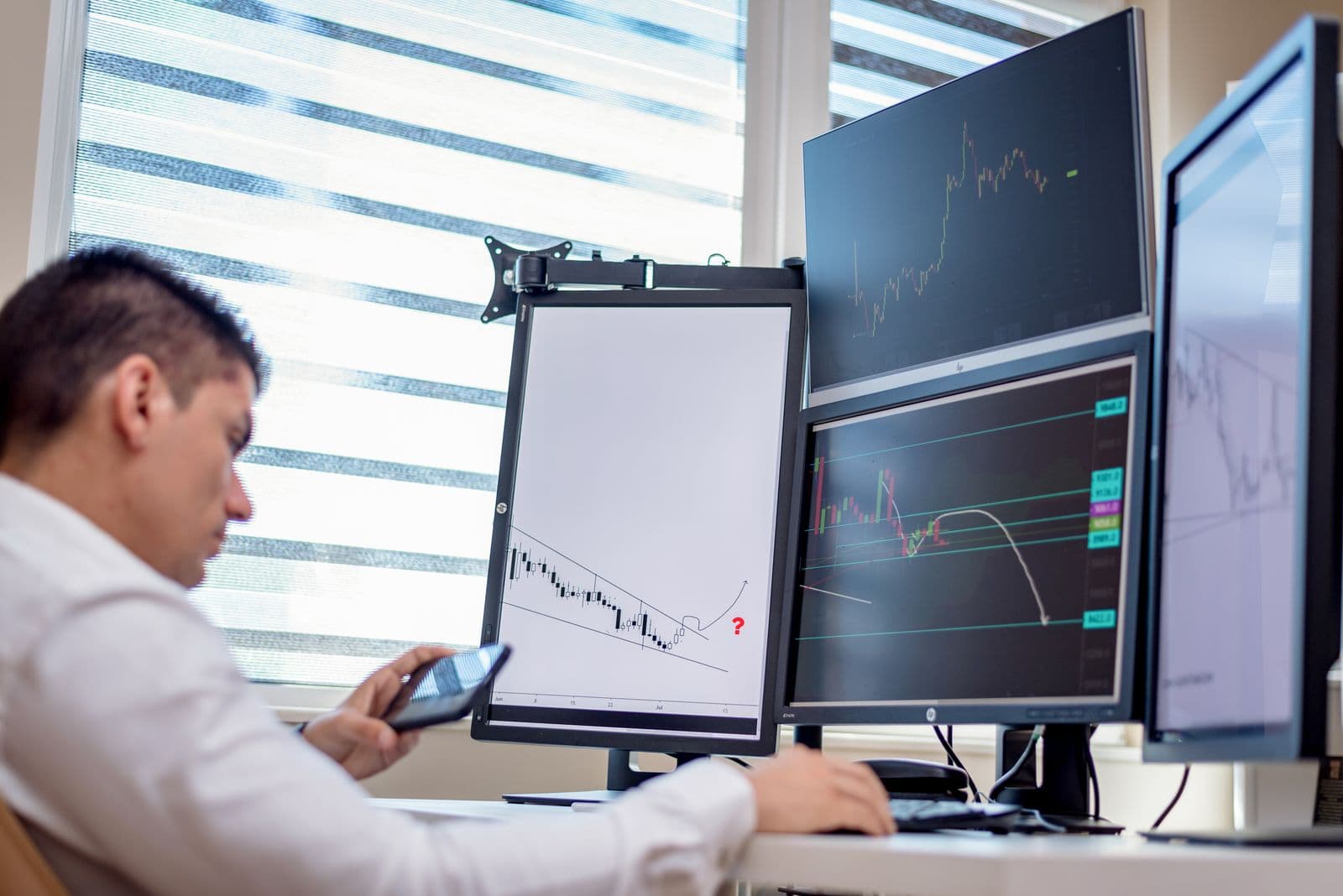 Trader checking a smartphone beside monitors displaying market charts